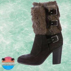 Laurence Dacade SuedeBlock Heel Rabbit Fur Merli Mid Calf Brown Moto Boots sz 6 
